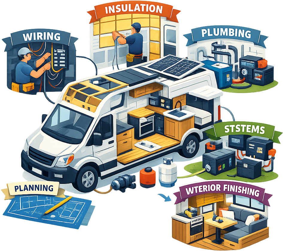 Illustration of a van build broken into stages: wiring, insulation, plumbing, systems, and interior finishing