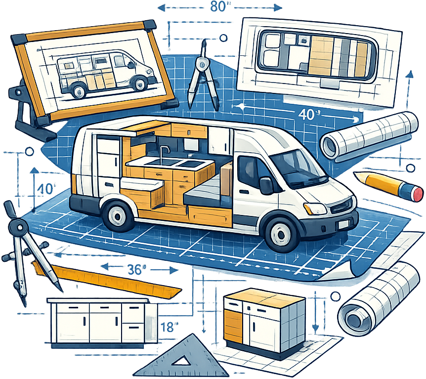 A camper van conversion laid out on blueprints with floor plans, cabinet drawings, and drafting tools
