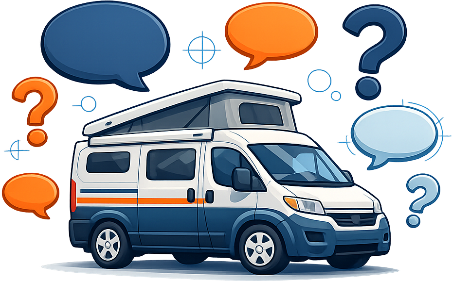 Illustration of question marks around a camper van