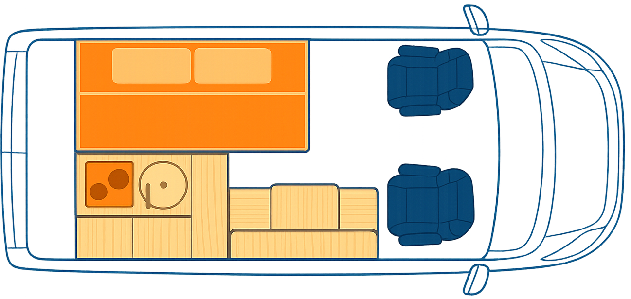 Top-down floor plan: crosswise bed