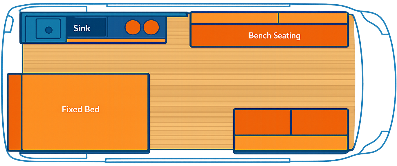 Top-down floor plan: rear bed + open galley