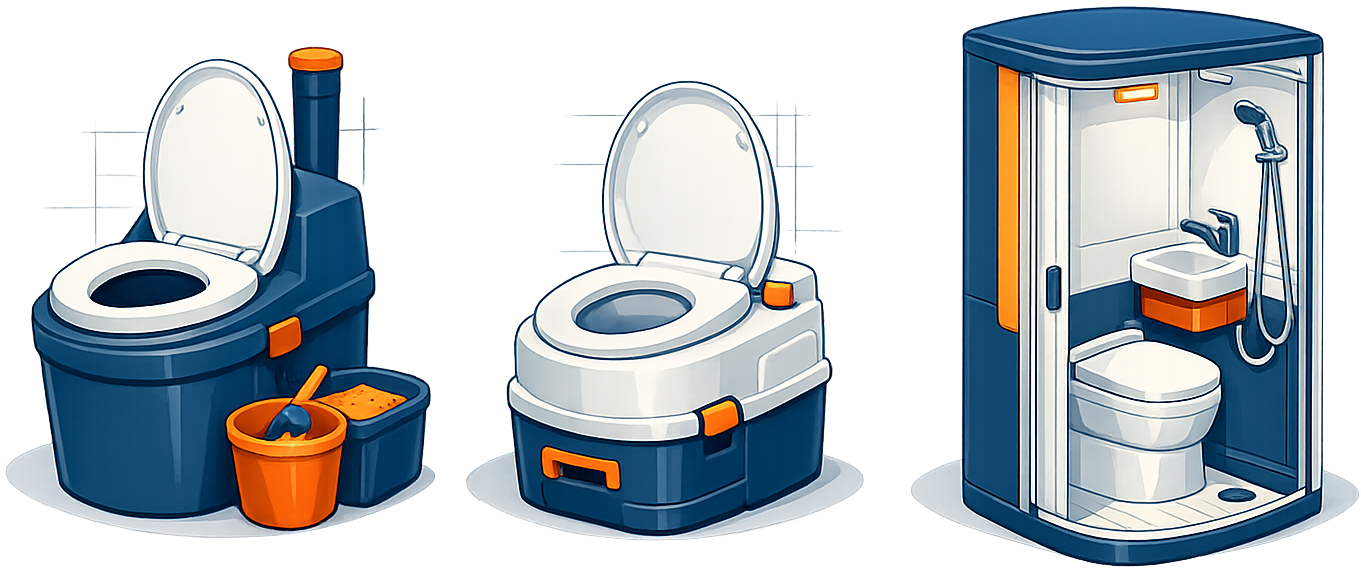 Illustration of van bathroom options: toilet and a compact wet bath