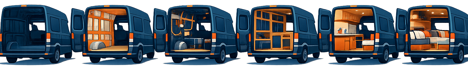 Illustration of a van build in labeled stages