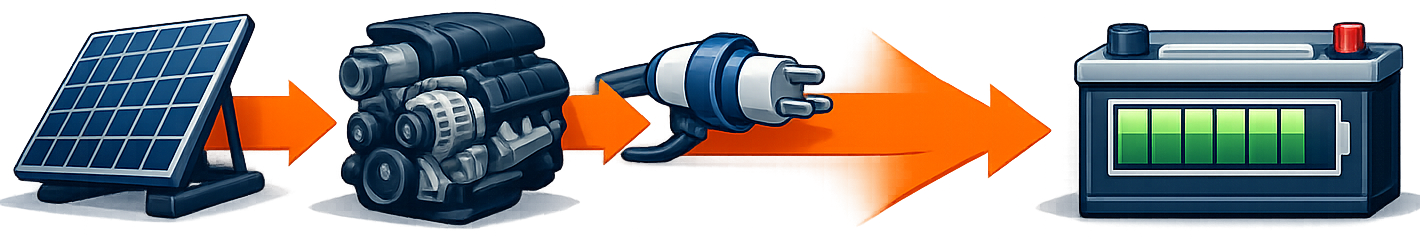 Illustration of charging a van from solar, alternator, and shore power