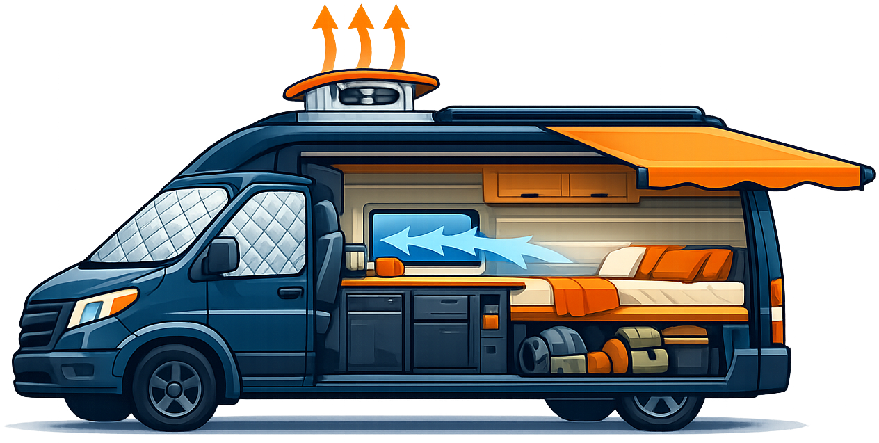 Illustration of van ventilation with a roof fan and cross-breeze