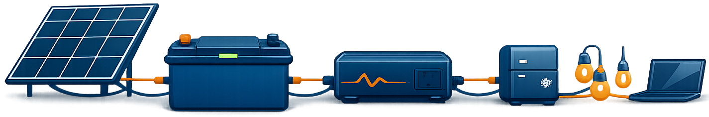 Illustration of a van electrical system: battery, solar, inverter, and loads