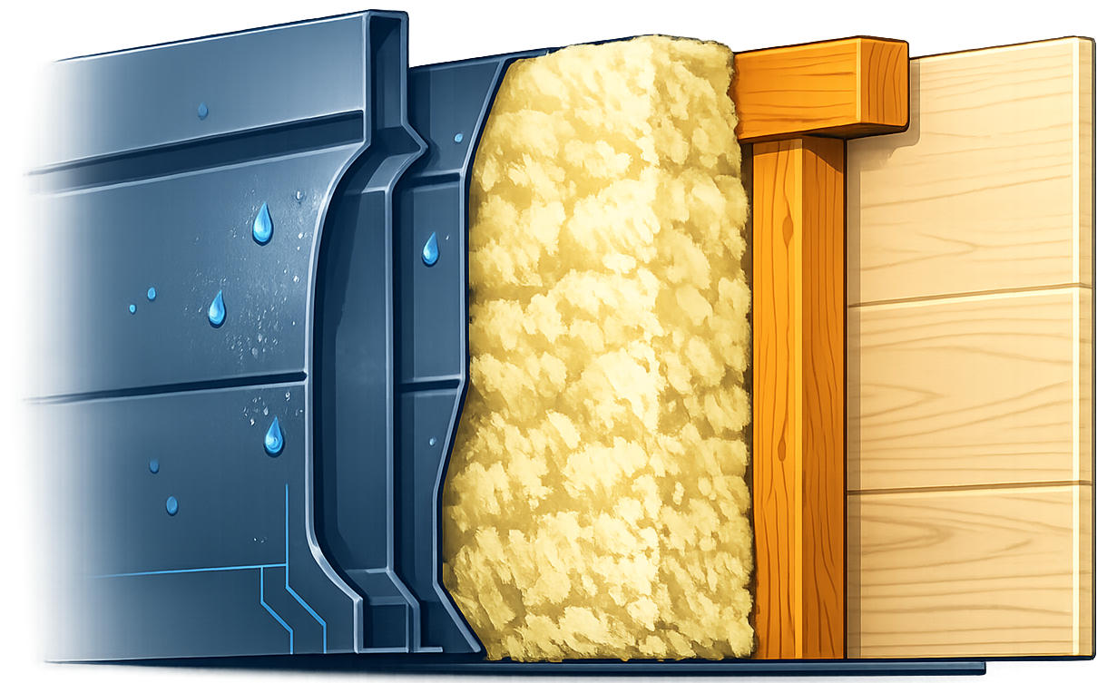 Cutaway illustration of an insulated van wall managing moisture