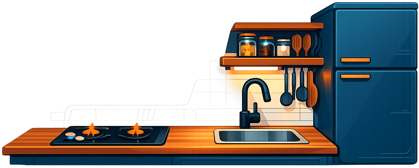 Illustration of a van galley: cooktop, fridge, sink, and counter