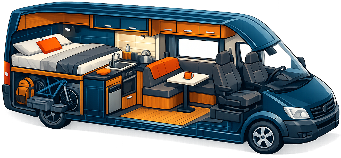 Top-down illustration of a van floor plan with bed, galley, and garage