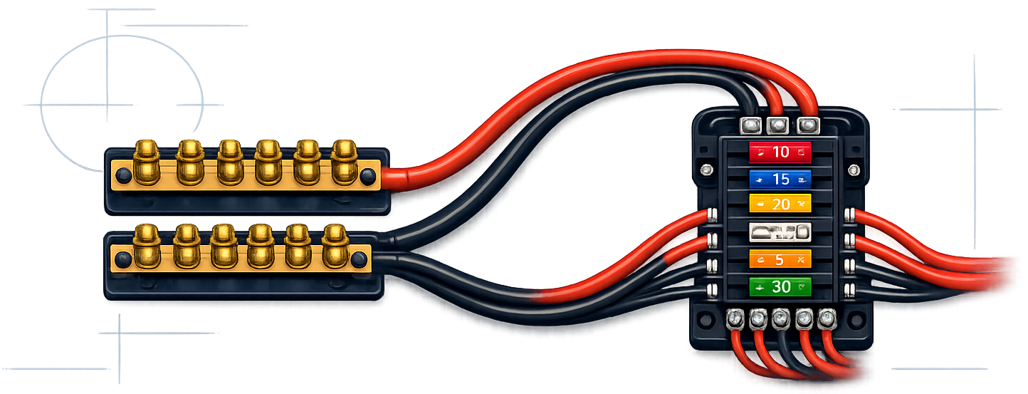 Illustration of van wiring with bus bars and fuses