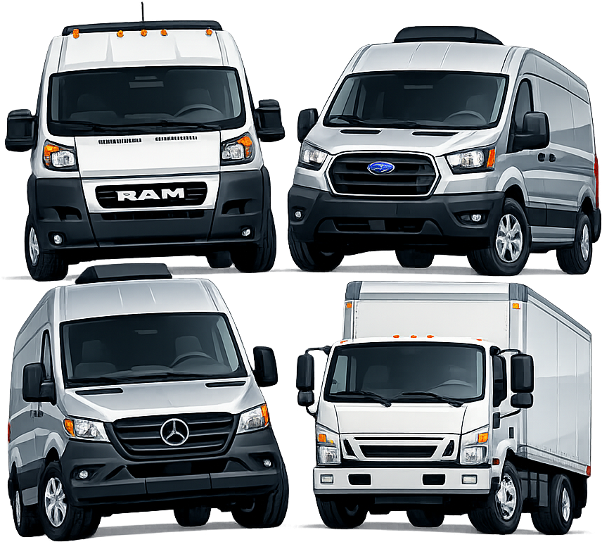 The four platforms: RAM ProMaster, Ford Transit, Mercedes-Benz Sprinter, and a box truck
